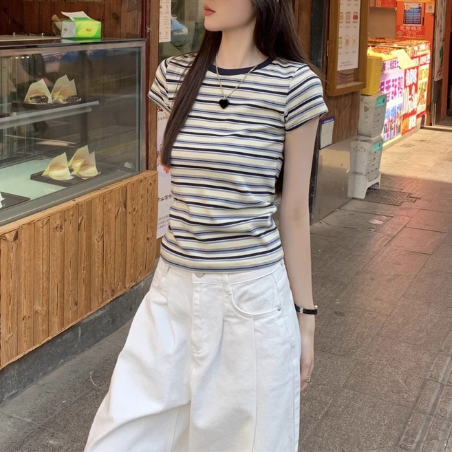 여성용 레트로 스트라이프 라운드넥 슬림 반팔 티셔츠