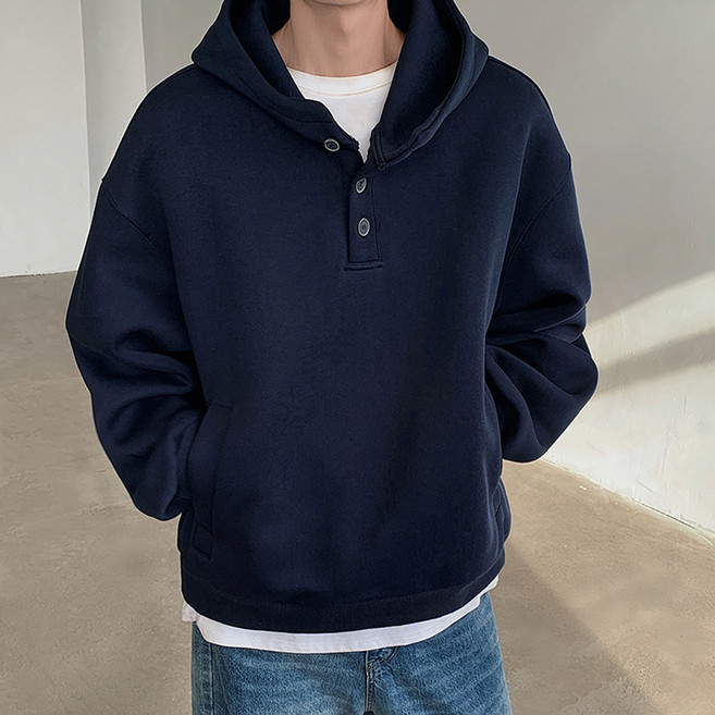 엘쏘 남녀공용 심플 3버튼 헤비 헨리넥 후드티