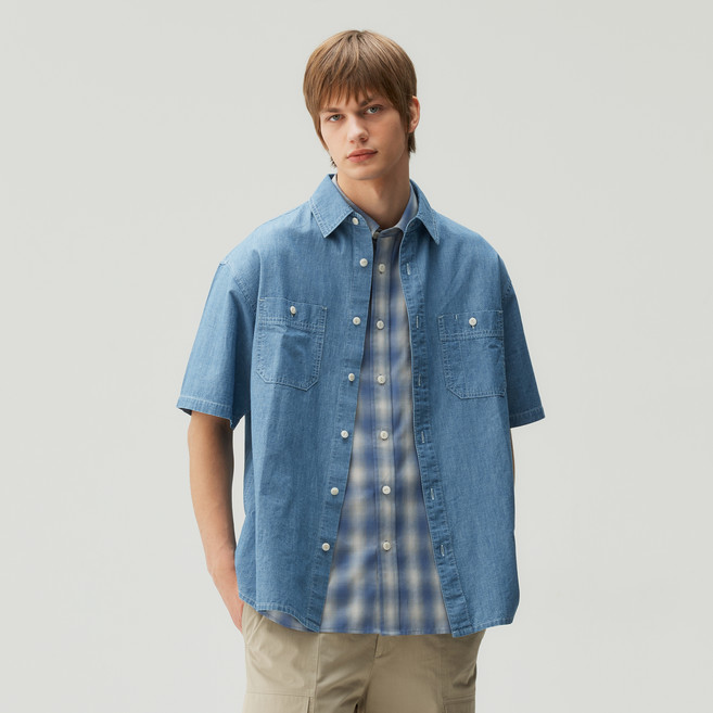 마인드브릿지 남성용 샴브레이 오버핏 면 반팔워크셔츠 MZWS31A5