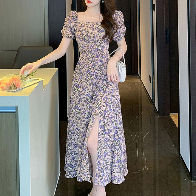 Market A Topa 女款碎花側邊開衩長版連身裙, 紫色