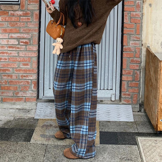 더플로우커머스 여성용 레트로 벨벳 무드 체크 와이드 팬츠