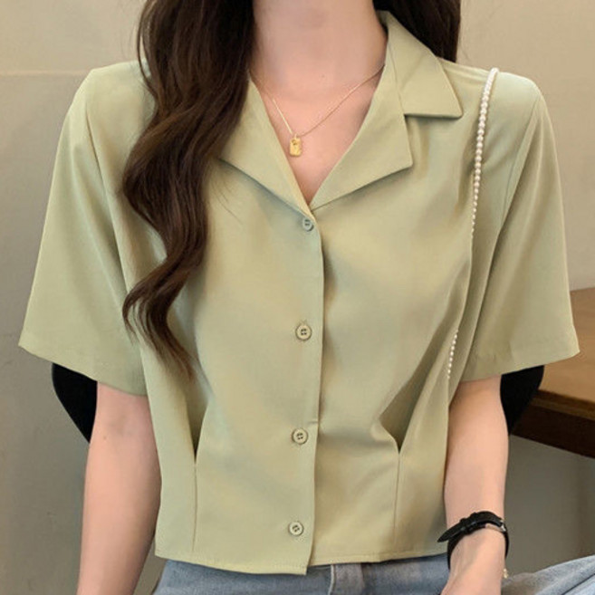 아이캔심플 여성용 프렌치 오픈카라 크롭 반팔 셔츠 블라우스