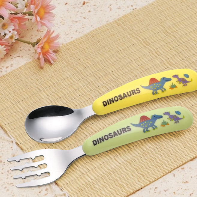 스케이터 굵은그립 캐릭터 다이노사우루스 스푼 + 포크 세트 SFBS1, LIGHT YELLOW + GREEN, 1세트