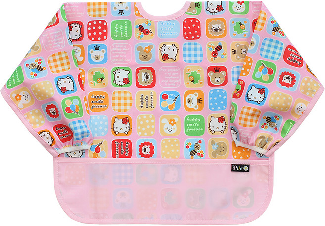 플리에 배색 방수 긴팔턱받이, 44핑크키티, 1개, 1매