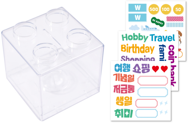 아크릴 블럭 큐브 저금통 + 스티커 3종 세트, 투명, 1세트