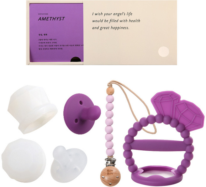 데일리라이크 봉봉 탄생석 노리개 젖꼭지 치발기 세트, 2월 자수정, 2단계(4개월이상), 1세트
