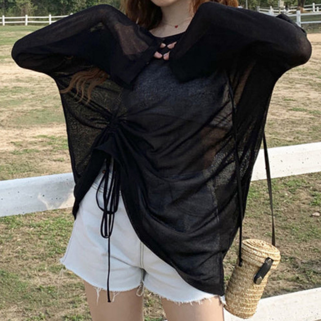 여성용 플로우폼 썸머데이 시스루 크롭 긴팔 티셔츠