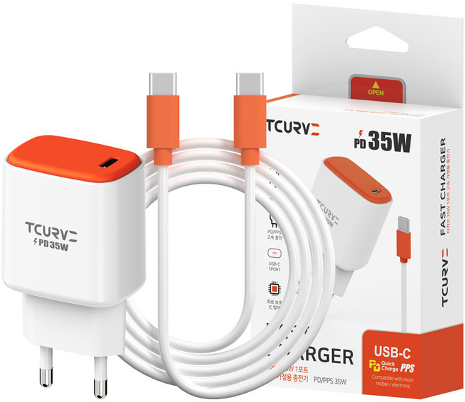 티커브 PD 35W 1포트 C타입 초고속충전기 45W 2M CtoC 케이블, 1개, 오렌지