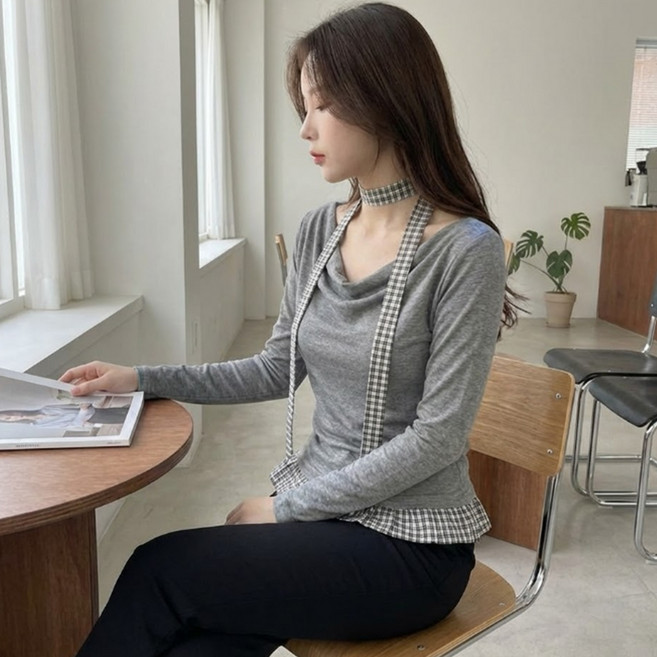 소니오 여성용 체크 레이어드 긴팔 니트