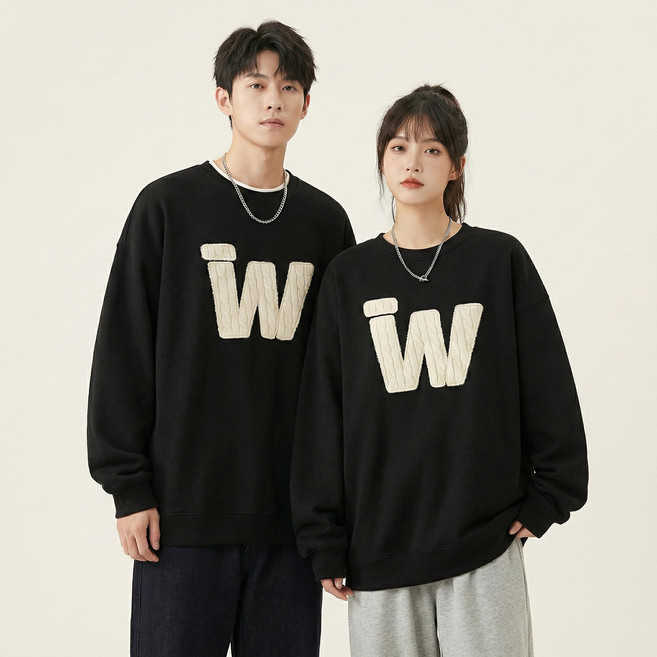 언헤브 남녀공용 오버핏 W 자수 맨투맨