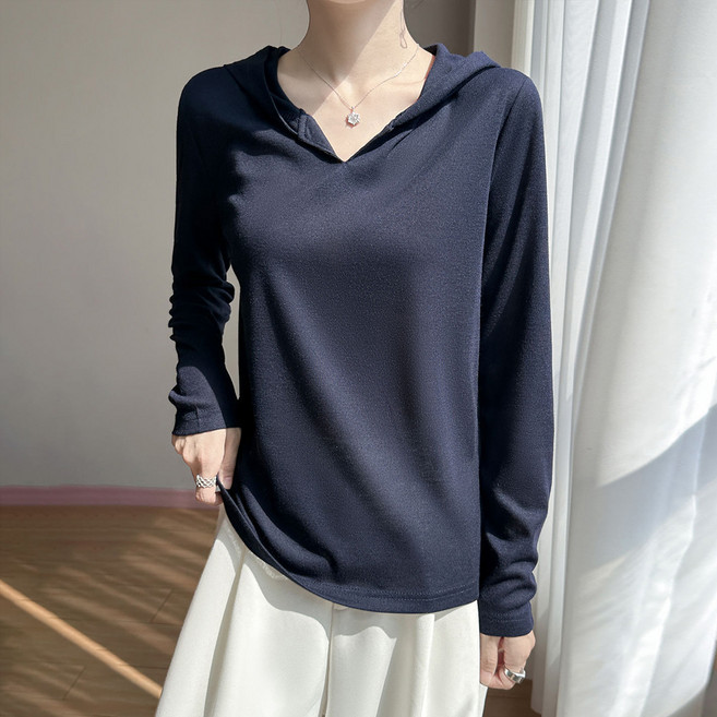 더시럽 여성용 미니멀 단색 얇은 니트 후드 티셔츠