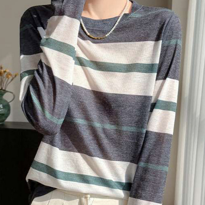 더시럽 여성용 얇은 라운드 컬러블록 긴팔 니트 티셔츠