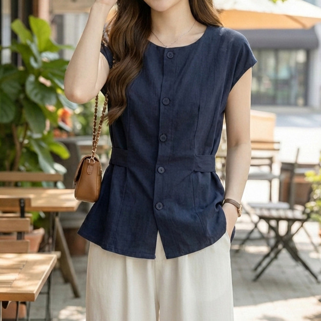 인피어스 빅사이즈 민소매 슬림 버튼 블라우스 I263-0365