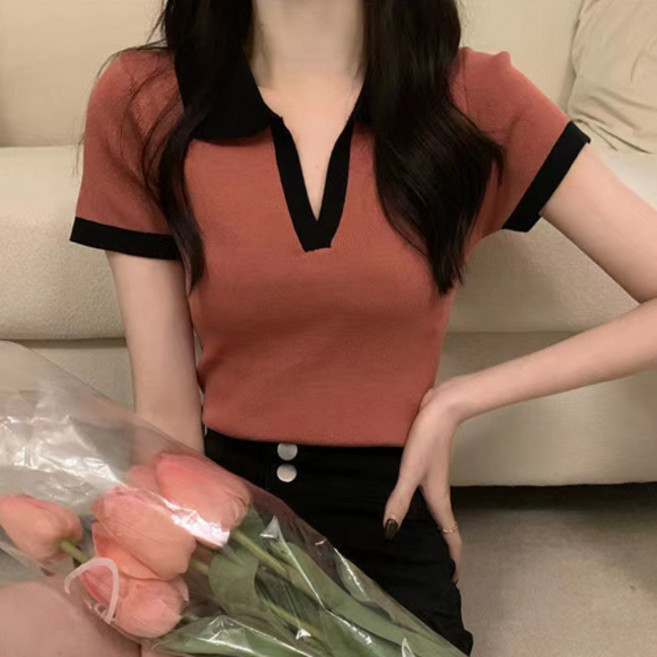 더플로우커머스 여성용 배색 카라 슬림핏 캐주얼 반팔 티셔츠