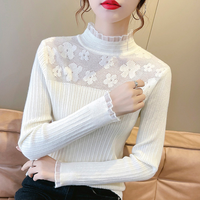 I AM MONG 女款花朵透視荷葉邊半高領T恤