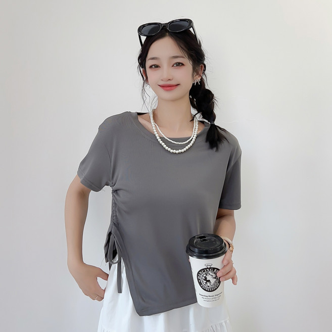 The Syrup 女款 Liang 側邊抓皺綁帶短版短袖上衣