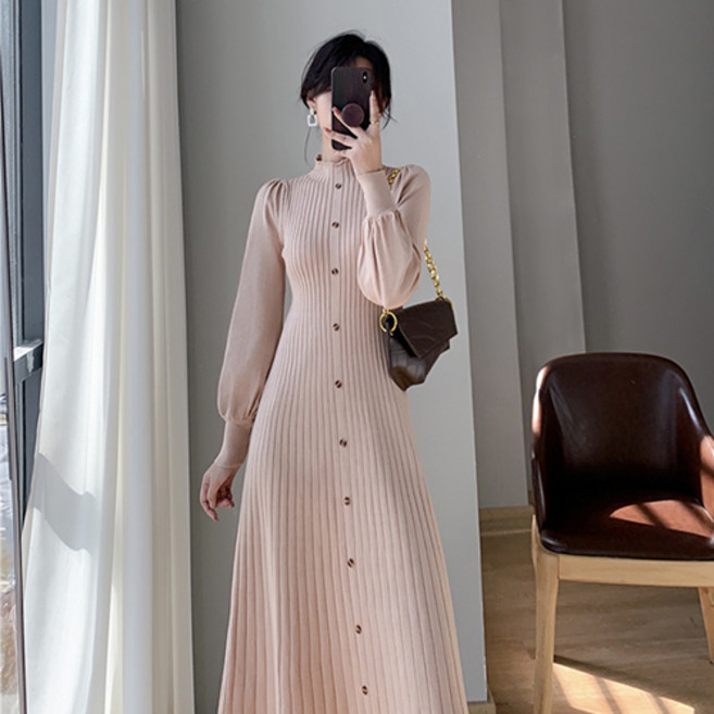 레몬소울 아르 골지 반목 퍼프 니트 원피스