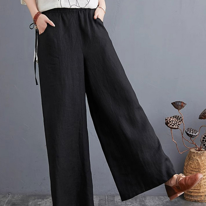 반야스토리 여성용 아티스틱 린넨 와이드 밴딩 팬츠 QQ135