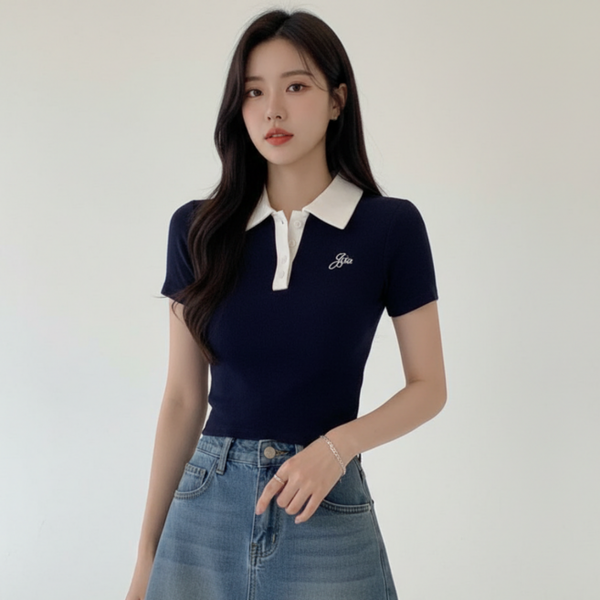 Goodif 女款撞色翻領修身短袖T恤