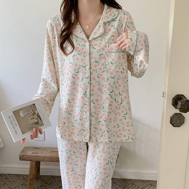 Anna&Co 女款雛菊絲質長袖睡衣上下套裝