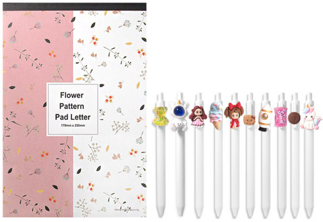 플라워 패턴 패드 편선지 + 큐티 파츠 젤펜 10p 세트, 랜덤발송, 1세트