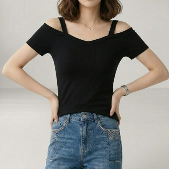 소니오 여성용 브이넥 스트랩 반팔 티셔츠