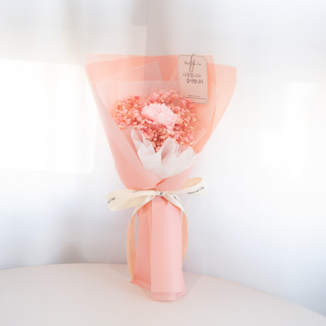 아스파시아 생화 세핀 프리저브드 안개꽃 카네이션 꽃다발 + 메시지 카드 + 용돈 봉투 세트 + 쇼핑백, 핑크(꽃다발), 1개