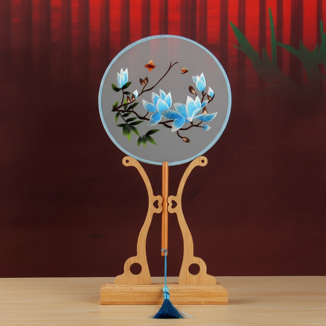 마켓피아 인테리어 장식 자수 그림 부채, 양면 동창회 블루 목련, 1개