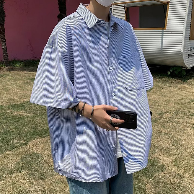 DM 남성용 스트라이프 여름 트렌드 반팔 셔츠