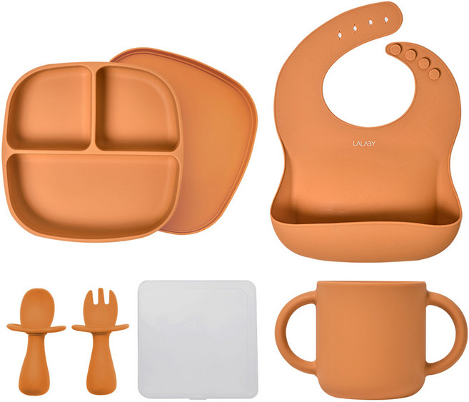 랄라비 아이주도 이유식 식기 4종 세트, Yellow, 흡착식판 + 키즈 스푼포크세트 + 실리콘 컵 + 턱받이, 1세트