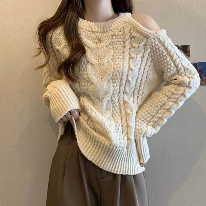 andstyle 女款素色開衩麻花圓領針織衫 263472