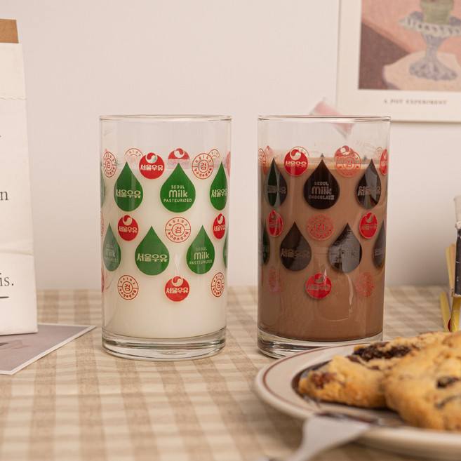 서울우유 레트로 패턴 일자 유리컵 315ml x 2종 세트, 일자 쵸코렡, 일자 레트로, 1세트