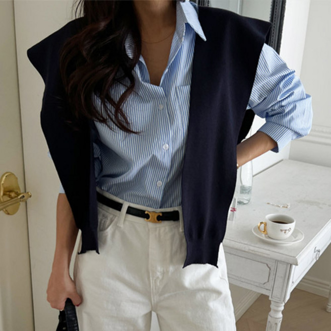 난닝구닷컴 여성용 무후스 니트숄 + 스트라이프 셔츠 세트