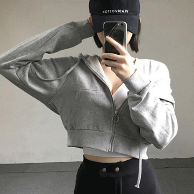 Goodif 女款基本款圓環短版連帽拉鍊外套