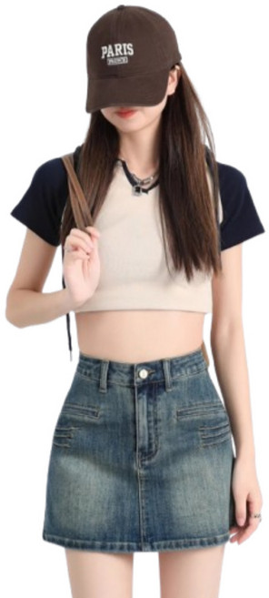 Market Pia女款A字短牛仔高腰修身牛仔裙