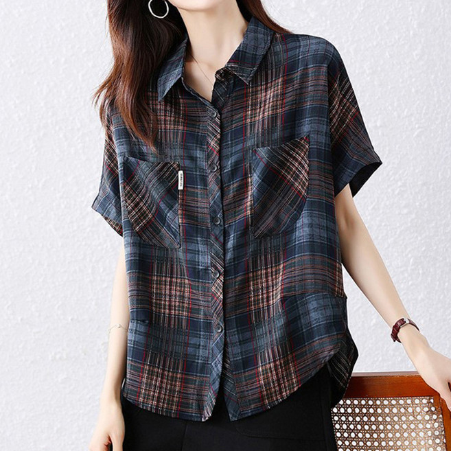 퀸이즈 여성용 빅사이즈 베이직 헤이즐 반팔 체크셔츠