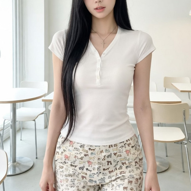 언헤브 여성용 브이넥 버튼 슬림 반팔 티셔츠
