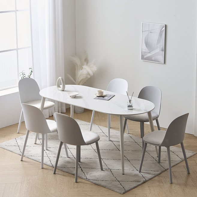 파로마 루미 1800 세라믹 식탁 + 의자 6P 세트 6인용 방문설치, 식탁(화이트), 의자(아이보리3P+그레이3P), 의자 6