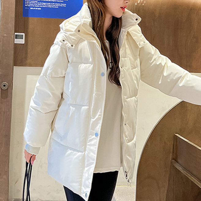 時尚潮流女款保暖日常寬鬆連帽高領鋪棉外套