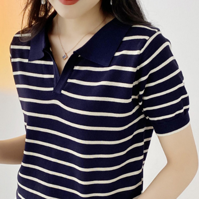 더시럽 여성용 통기성 폴로 슬림 스트라이프 니트 반팔 티셔츠