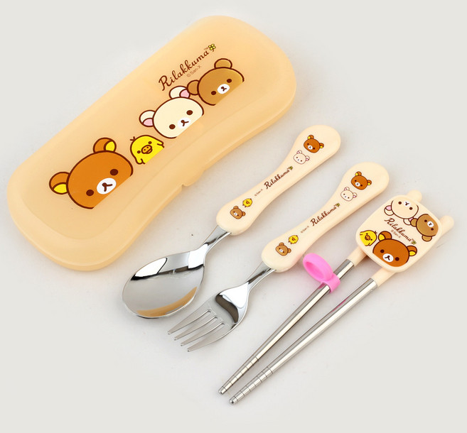 리락쿠마 스푼포크 교정젓가락 케이스 세트, 아이보리, 1개, 스푼 + 포크 + 교정젓가락 + 케이스