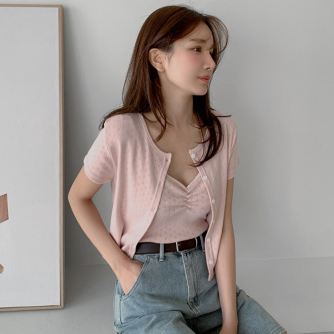 큐니걸스 여성용 여리펀칭2 라운드넥 반팔 가디건