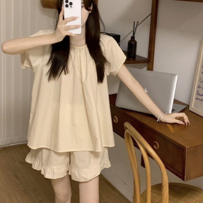 PEONIST 女款圓領寬鬆荷葉邊睡衣上下套裝