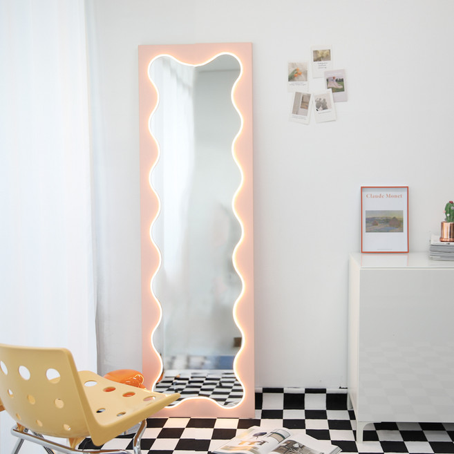 우드리퍼블릭 네온 블라썸 웨이브 LED 조명 전신거울 500, 밀키핑크 + 전구색