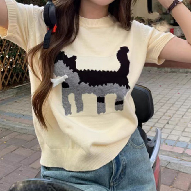 더플로우커머스 여성용 강아지 자수 루즈핏 반팔 니트 티셔츠