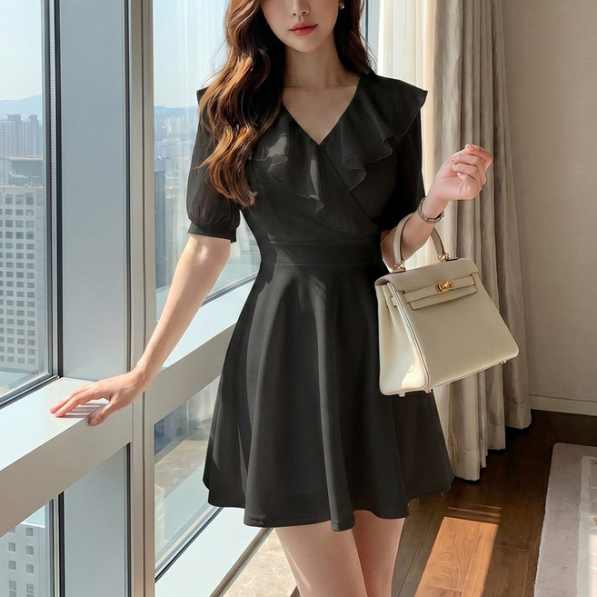 글램디브 키오링 쉬폰프릴 브이넥 하객룩 미니 원피스 AC0146