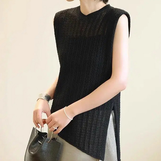 페이퍼먼츠 빈크로 트임 시스루 민소매 니트 티셔츠 10539