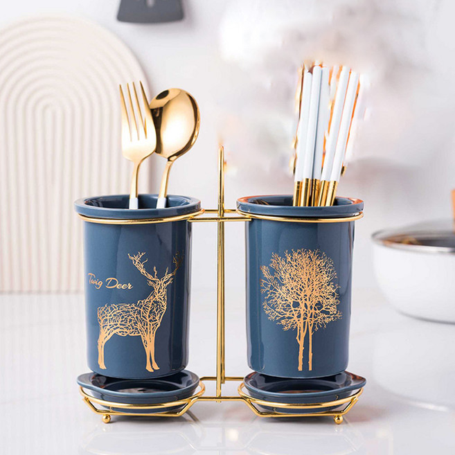몬드스팟 골드 주방 2구 세라믹 사슴 나무 물빠짐 수저통 보관함 YY57329, 블루 A, 1개