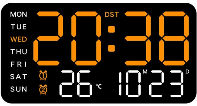 Couselect 多功能LED數字鐘/無邊框大螢幕電子鐘/掛立兩用床頭鬧鐘 時間溫度顯示/雙鬧鈴, 黑色殼 + 桔色燈