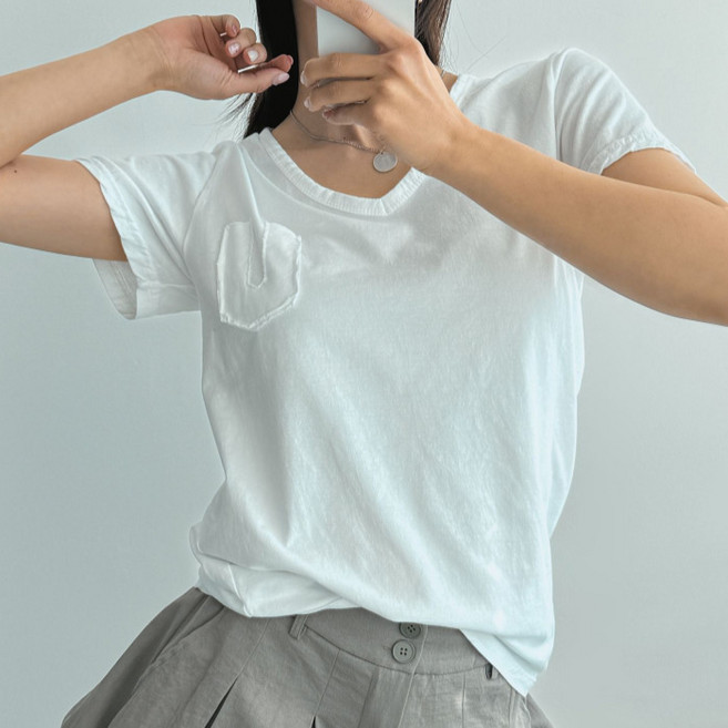 라라온 여성용 코튼 패치 브이넥 반팔 티셔츠 26TSP3813